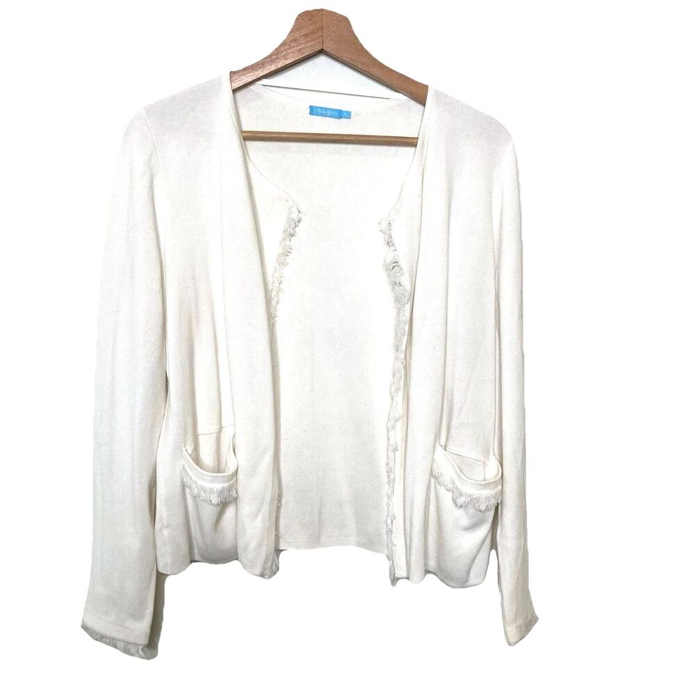 J. McLauglin Womens M Cardigan w/Fringe Trim Cotton Preppy Resort Cottagecore